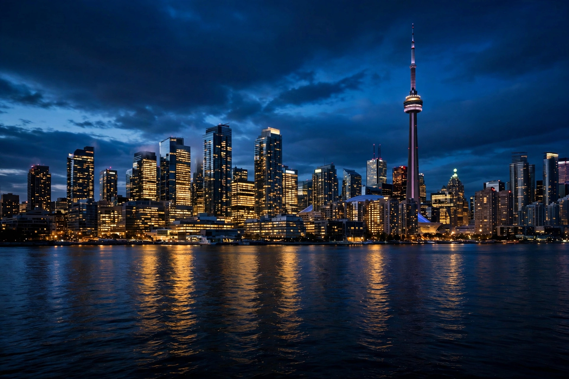 The Toronto financial district skyline at dusk, seen across the harbour, its towers lit in gold against a deep indigo sky